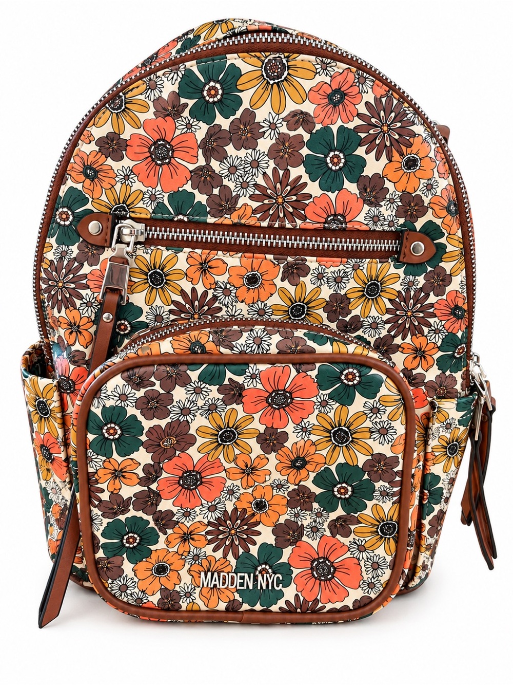 Madden NYC Retro Floral Backpack Brown Orange Green Multi Pocket